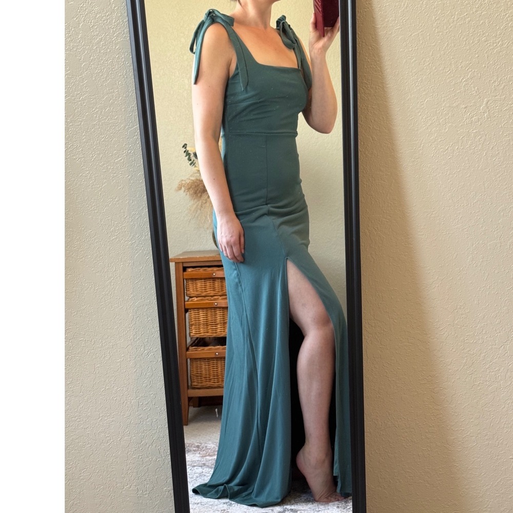Birdy Grey Green Tie Shoulder Maxi Dress Square Neck Side Slit Gown NWT Sz Small